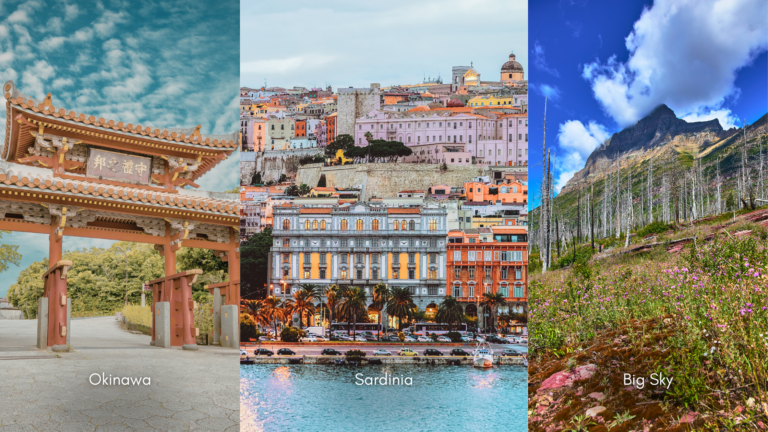 Collage of trending 2026 travel destinations including mountains, beaches, and city streets